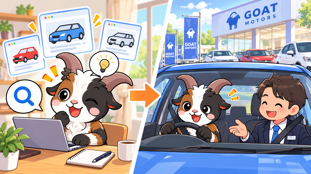 ネットで車を調べてから、お店で試乗するヤギ