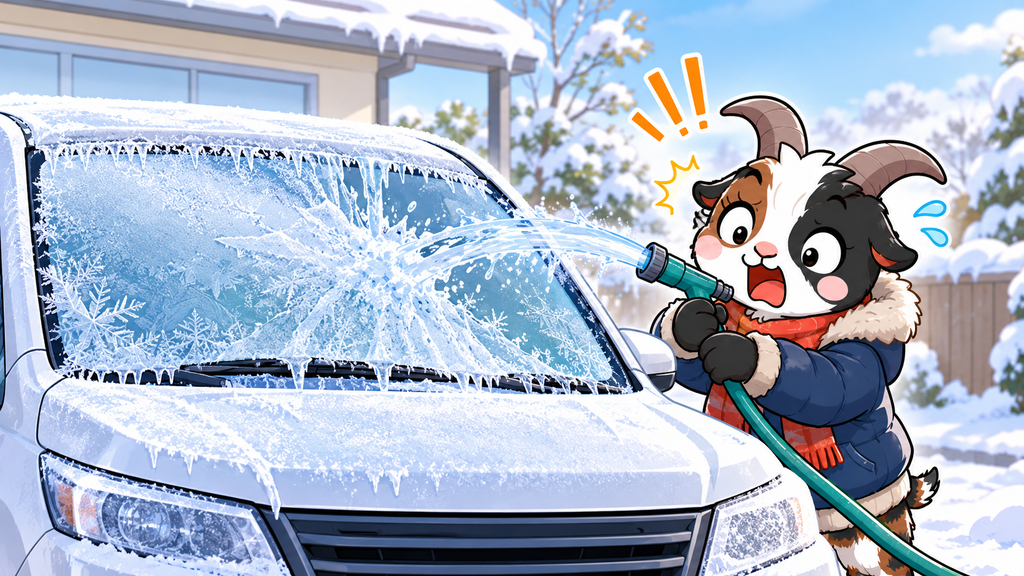 凍ったフロントガラスにホースで水をかけて、驚いているヤギ