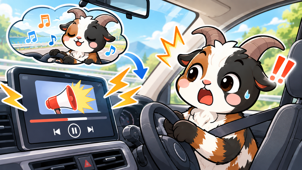 運転中に大きな音の広告が入って驚くヤギと、気持ちよく音楽を聴いていた場面の吹き出し