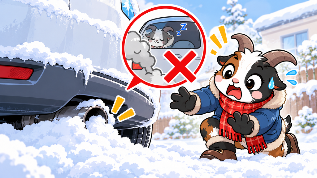 雪でふさがった車のマフラーを見て驚くヤギと、エンジンをかけたままの仮眠にバツ印